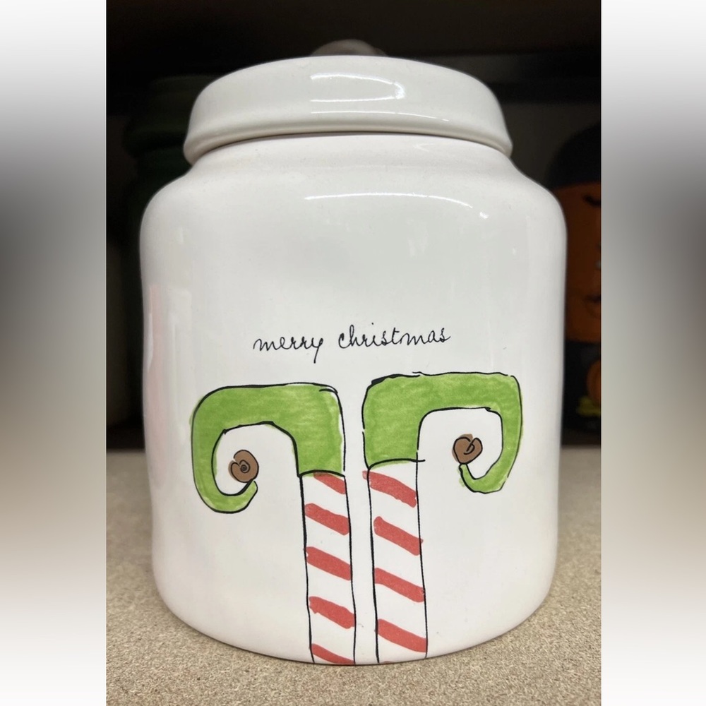 Rae Dunn Christmas White & Black Elf Feet "MERRY CHRISTMAS " Canister RARE HTF